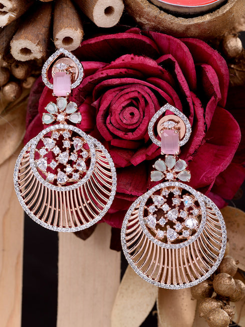 Rosegold Plated Pink AD studded Chandbali Earrings