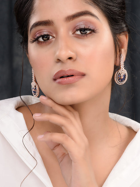 Rosegold Plated Blue AD studded Drop Earrings