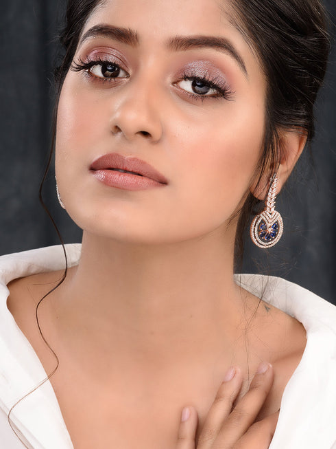 Rosegold Plated Blue AD studded Drop Earrings