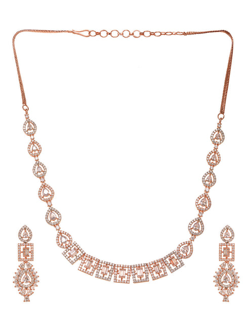 Rosegold Plated AD studded Necklace Earrings Jewellery Set