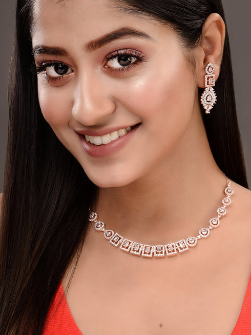 Rosegold Plated AD studded Necklace Earrings Jewellery Set