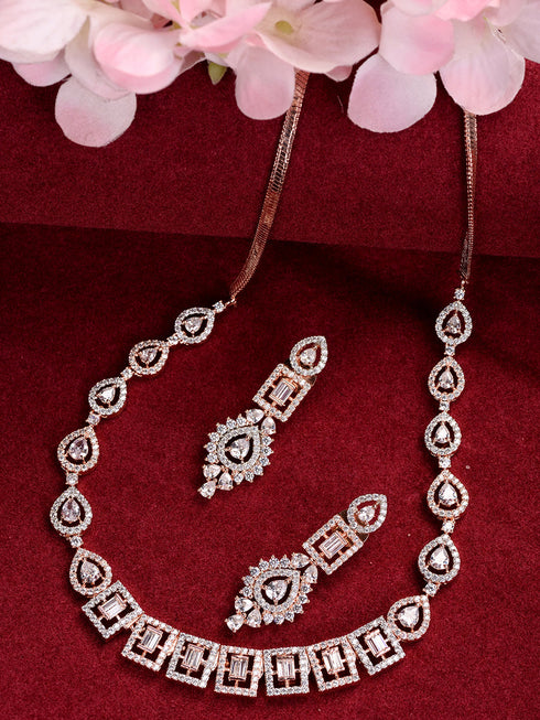 Rosegold Plated AD studded Necklace Earrings Jewellery Set