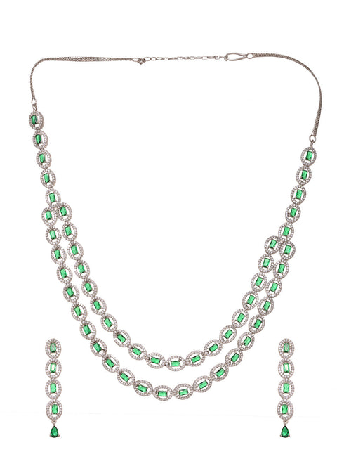 White Rhodium Plated Green AD studded Necklace Earrings Jewellery Set