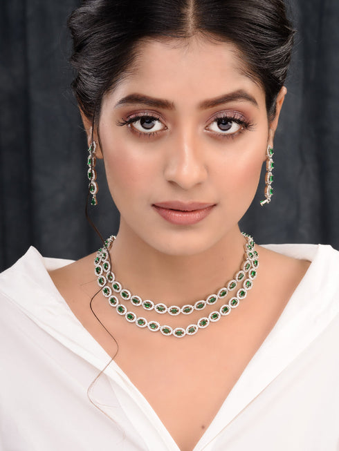 White Rhodium Plated Green AD studded Necklace Earrings Jewellery Set