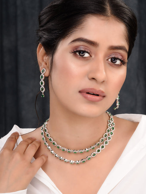 White Rhodium Plated Green AD studded Necklace Earrings Jewellery Set