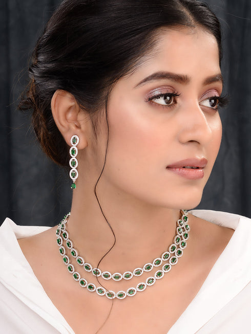 White Rhodium Plated Green AD studded Necklace Earrings Jewellery Set