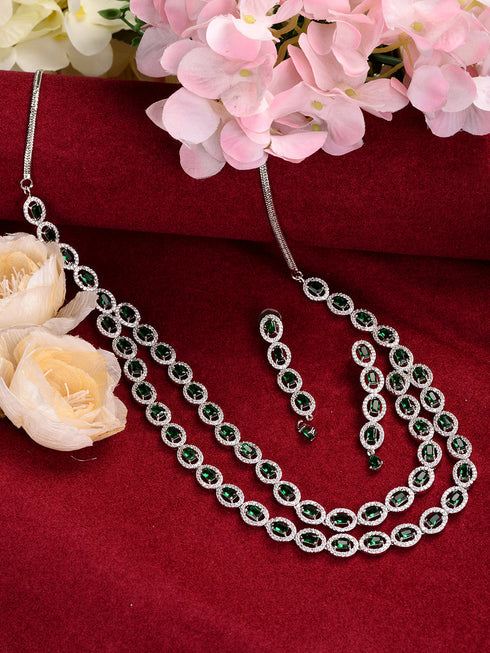 White Rhodium Plated Green AD studded Necklace Earrings Jewellery Set