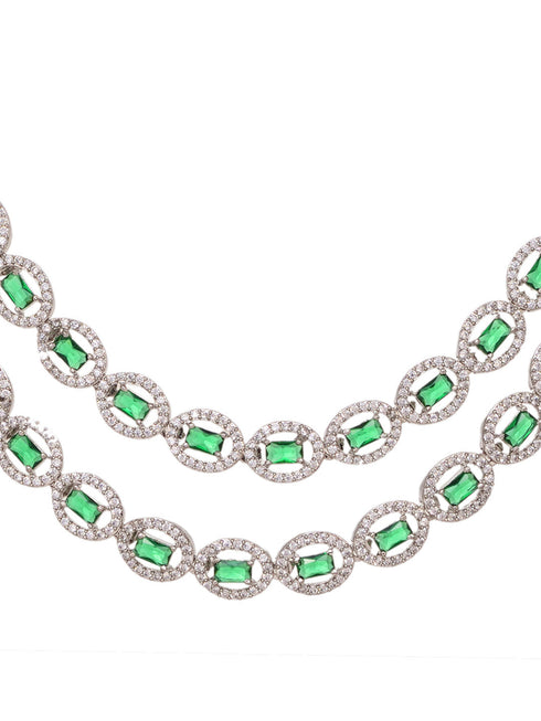 White Rhodium Plated Green AD studded Necklace Earrings Jewellery Set