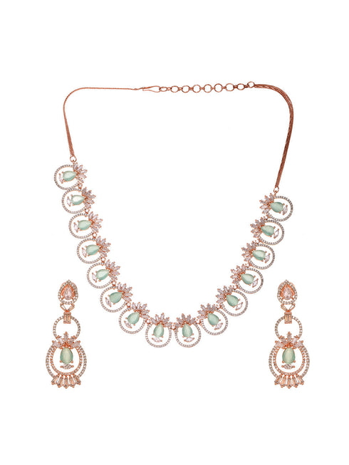 Rosegold Plated Mint AD studded Necklace Earrings Jewellery Set