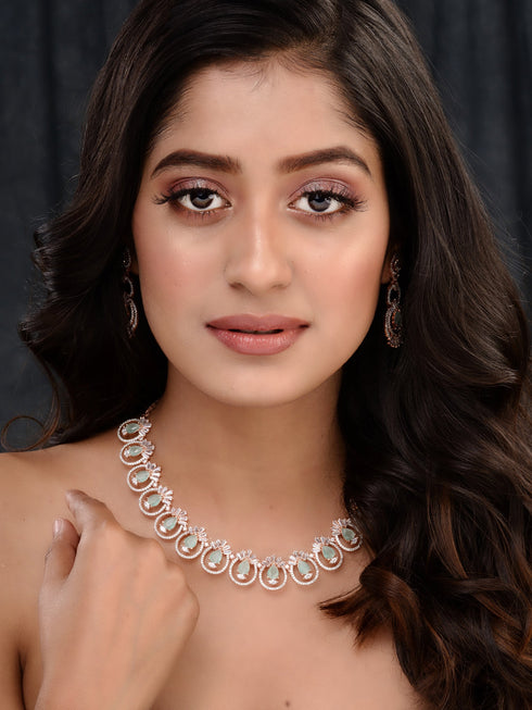 Rosegold Plated Mint AD studded Necklace Earrings Jewellery Set