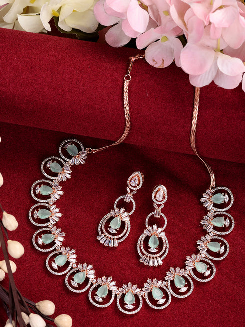 Rosegold Plated Mint AD studded Necklace Earrings Jewellery Set