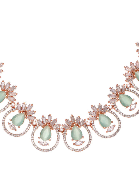 Rosegold Plated Mint AD studded Necklace Earrings Jewellery Set