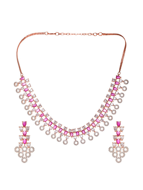Rosegold Plated Red AD studded Necklace Earrings Jewellery Set