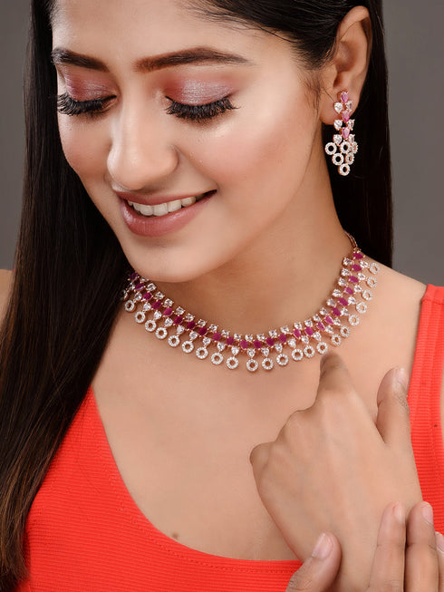Rosegold Plated Red AD studded Necklace Earrings Jewellery Set
