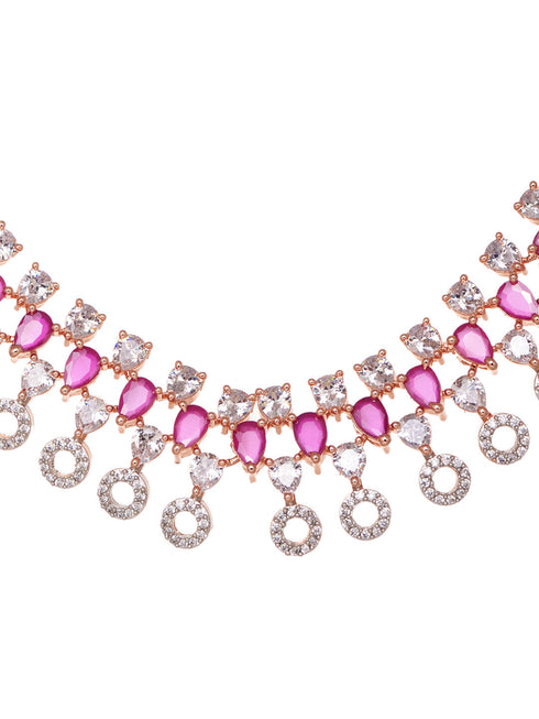 Rosegold Plated Red AD studded Necklace Earrings Jewellery Set