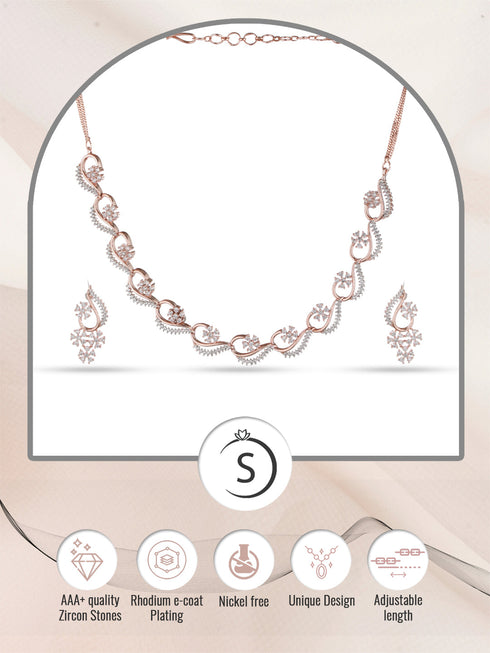 Rosegold Plated AD studded Necklace Earrings Jewellery Set