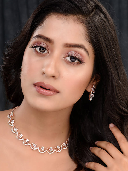 Rosegold Plated AD studded Necklace Earrings Jewellery Set