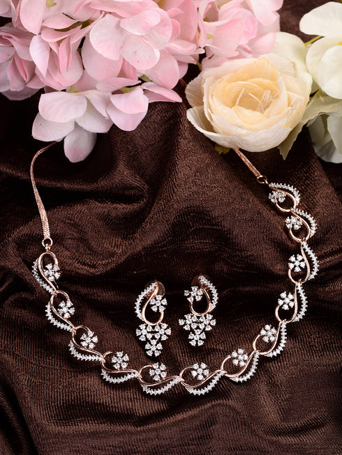 Rosegold Plated AD studded Necklace Earrings Jewellery Set