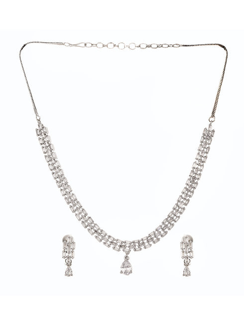 White Rhodium Plated AD studded Necklace Earrings Jewellery Set