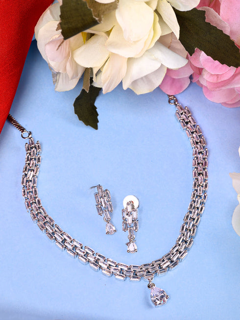 White Rhodium Plated AD studded Necklace Earrings Jewellery Set