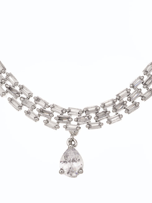 White Rhodium Plated AD studded Necklace Earrings Jewellery Set