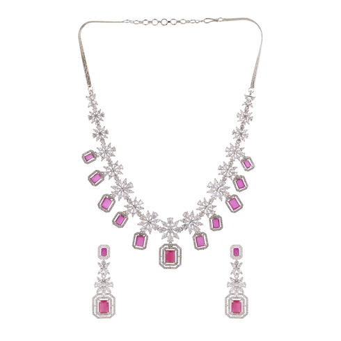 White Rhodium Plated Red AD studded Necklace Earrings Jewellery Set