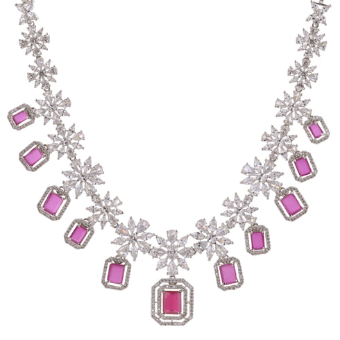White Rhodium Plated Red AD studded Necklace Earrings Jewellery Set