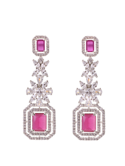 White Rhodium Plated Red AD studded Necklace Earrings Jewellery Set