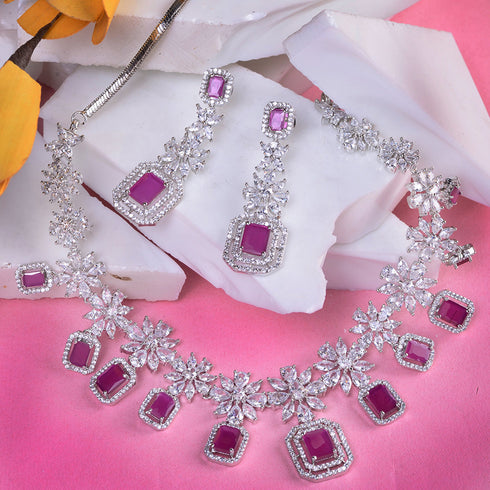 White Rhodium Plated Red AD studded Necklace Earrings Jewellery Set