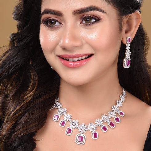 White Rhodium Plated Red AD studded Necklace Earrings Jewellery Set