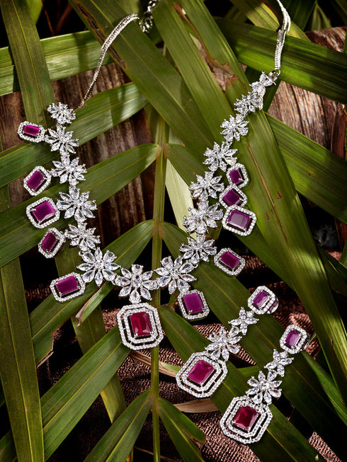 White Rhodium Plated Red AD studded Necklace Earrings Jewellery Set