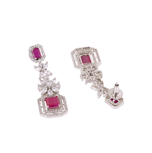 White Rhodium Plated Red AD studded Necklace Earrings Jewellery Set