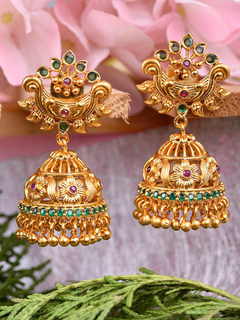 Gold Plated Multi stone studded Jhumka Earrings
