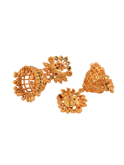 Gold Plated Multi stone studded Jhumka Earrings