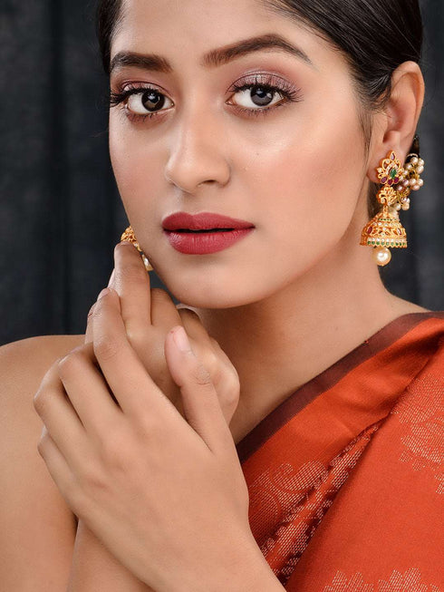 Gold Plated Multi stone studded Jhumka Earrings