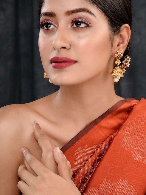 Gold Plated Multi stone studded Jhumka Earrings