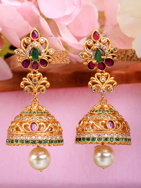 Gold Plated Multi stone studded Jhumka Earrings