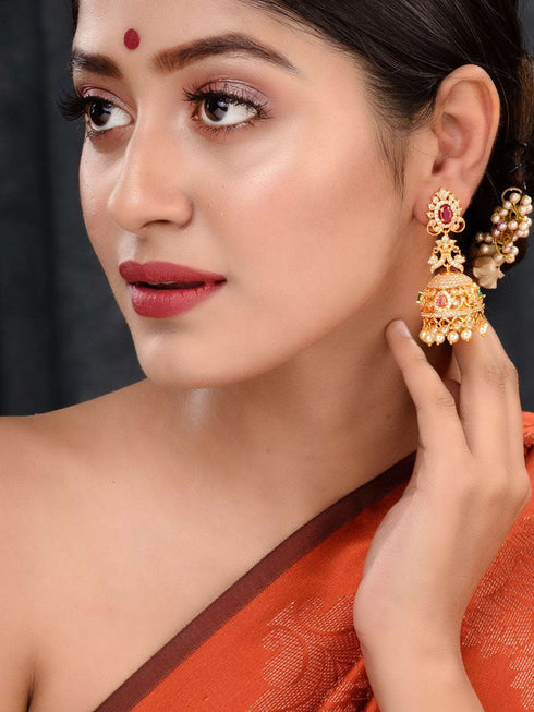 Gold Plated Multi stone studded Jhumka Earrings
