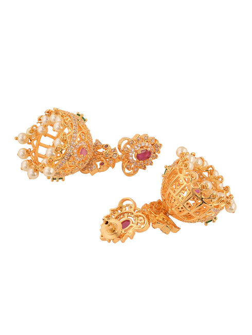 Gold Plated Multi stone studded Jhumka Earrings
