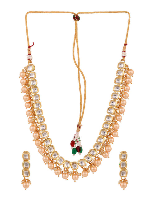 Gold Plated Single line Kundan Pearl Beaded Necklace Jewellery Set