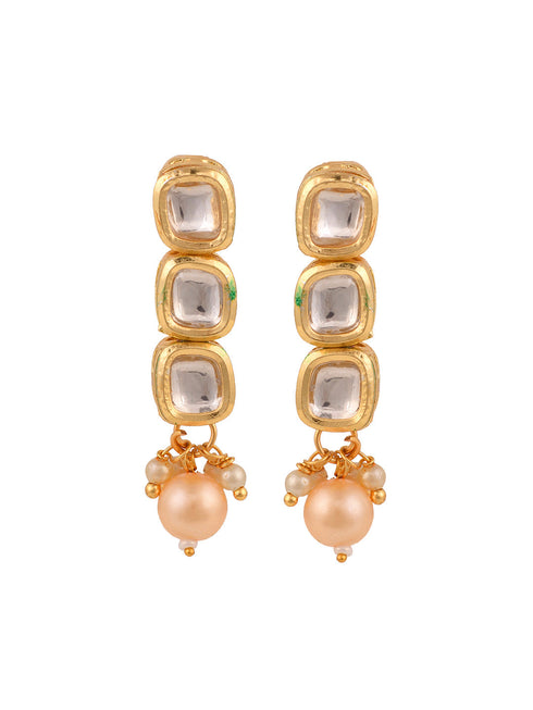Gold Plated Single line Kundan Pearl Beaded Necklace Jewellery Set