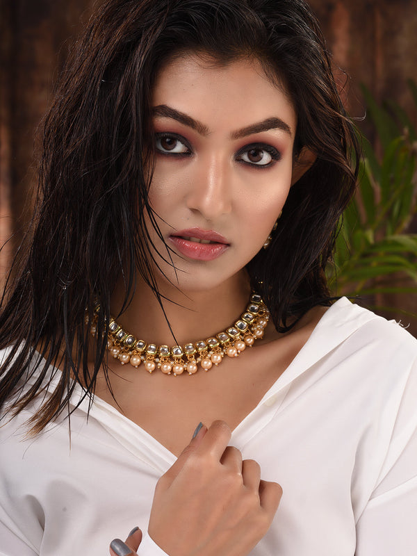 Gold Plated Single line Kundan Pearl Beaded Necklace Jewellery Set