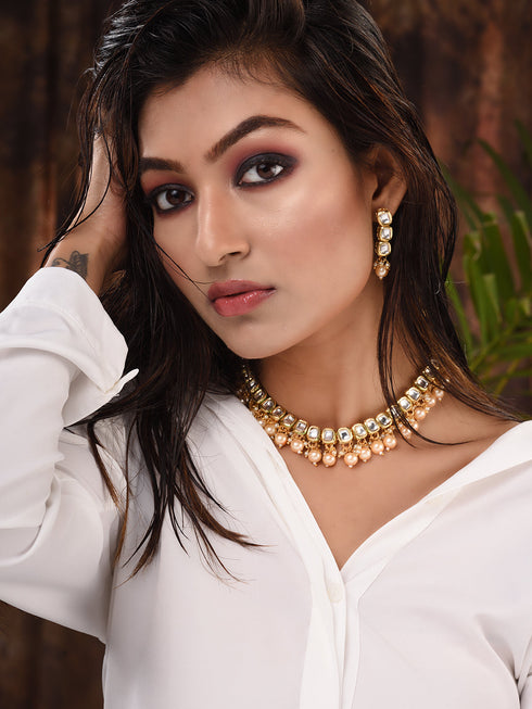 Gold Plated Single line Kundan Pearl Beaded Necklace Jewellery Set