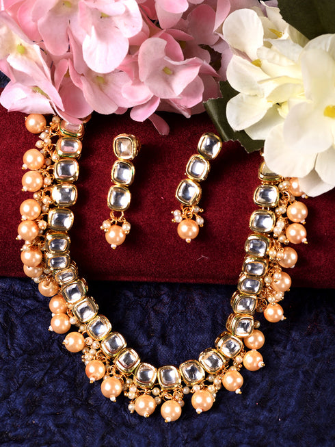 Gold Plated Single line Kundan Pearl Beaded Necklace Jewellery Set