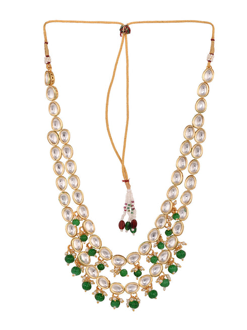 Gold Toned Double line Kundan & Green Beaded Necklace Jewellery Set