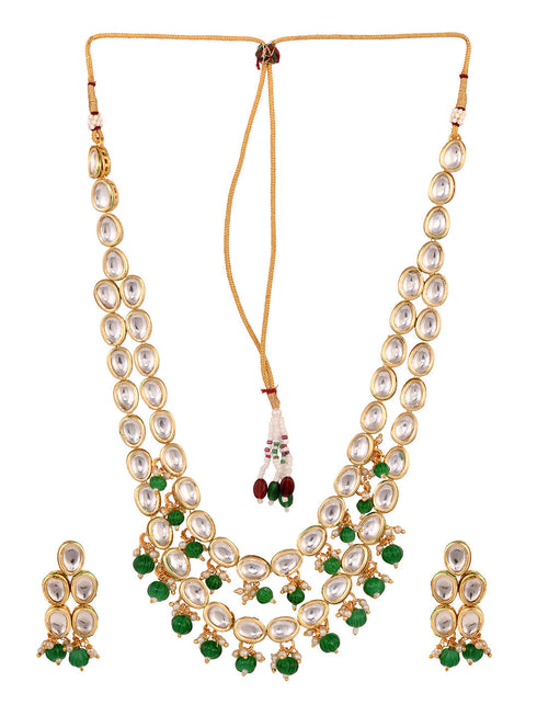 Gold Toned Double line Kundan & Green Beaded Necklace Jewellery Set