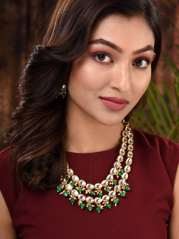 Gold Toned Double line Kundan & Green Beaded Necklace Jewellery Set
