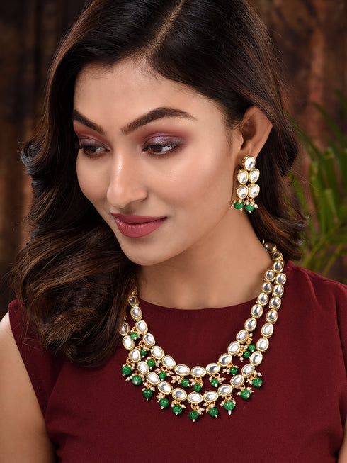 Gold Toned Double line Kundan & Green Beaded Necklace Jewellery Set