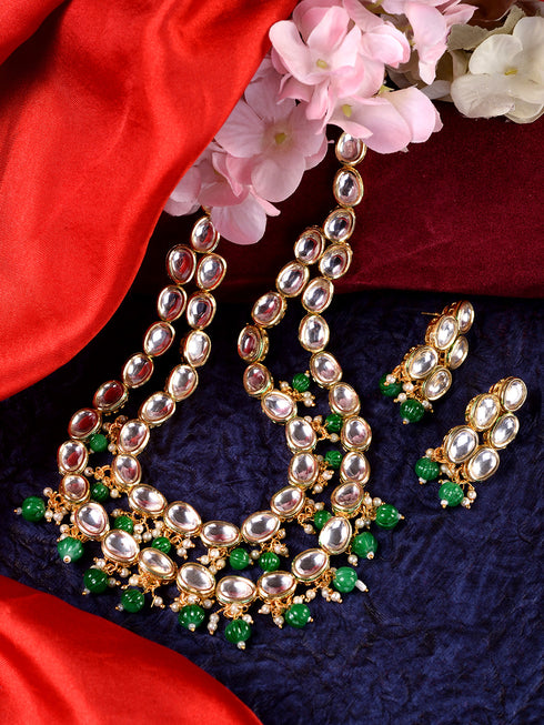 Gold Toned Double line Kundan & Green Beaded Necklace Jewellery Set