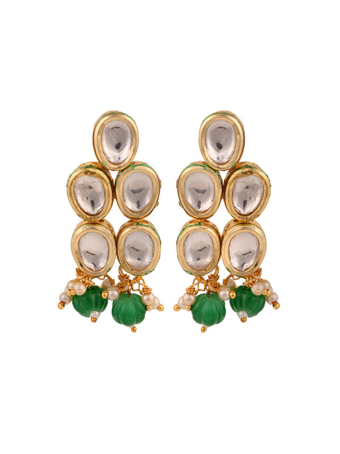 Gold Toned Double line Kundan & Green Beaded Necklace Jewellery Set